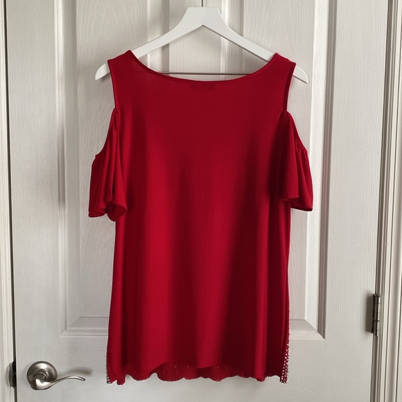 S. Levine Womens Red V-Neck Cold Shoulder Knit Top w/ Beaded Details Size XL - Picture 2 of 5